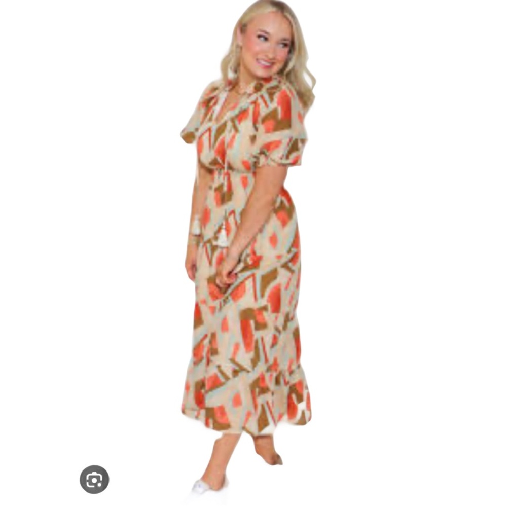 THML Sz XS Brown and Cream Tiered Puff Sleeve Midi Sundress